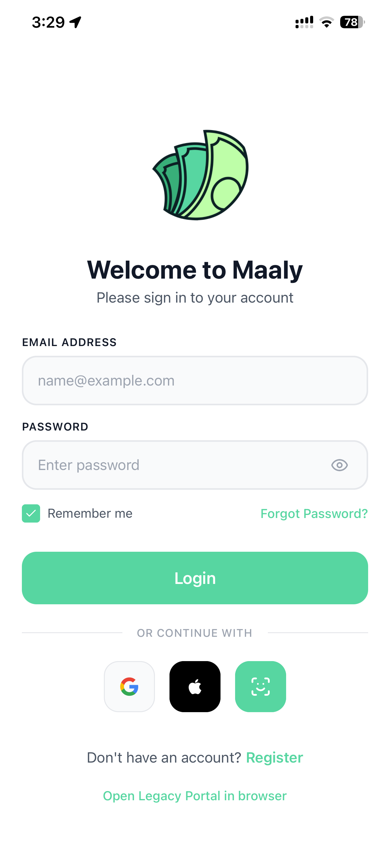Maaly login screen